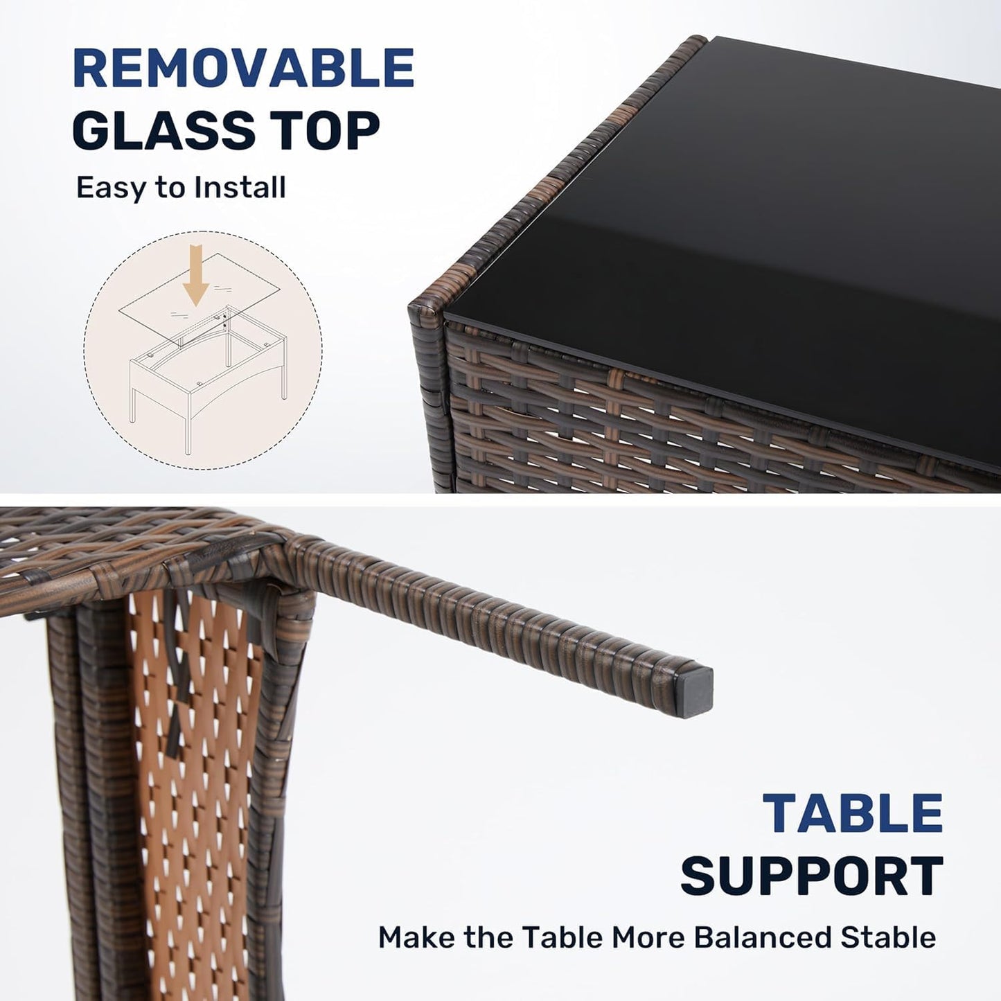 Simple Deluxe Patio Furniture Set 3 Pieces Outdoor Rattan Wicker Chairs with Soft Cushion and Glass Coffee Table