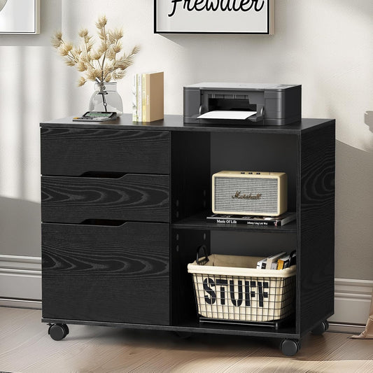 Simple Deluxe 3-Drawer File Cabinet, Lateral Mobile Filing Cabinet Wood Storage Organizer with Wheels