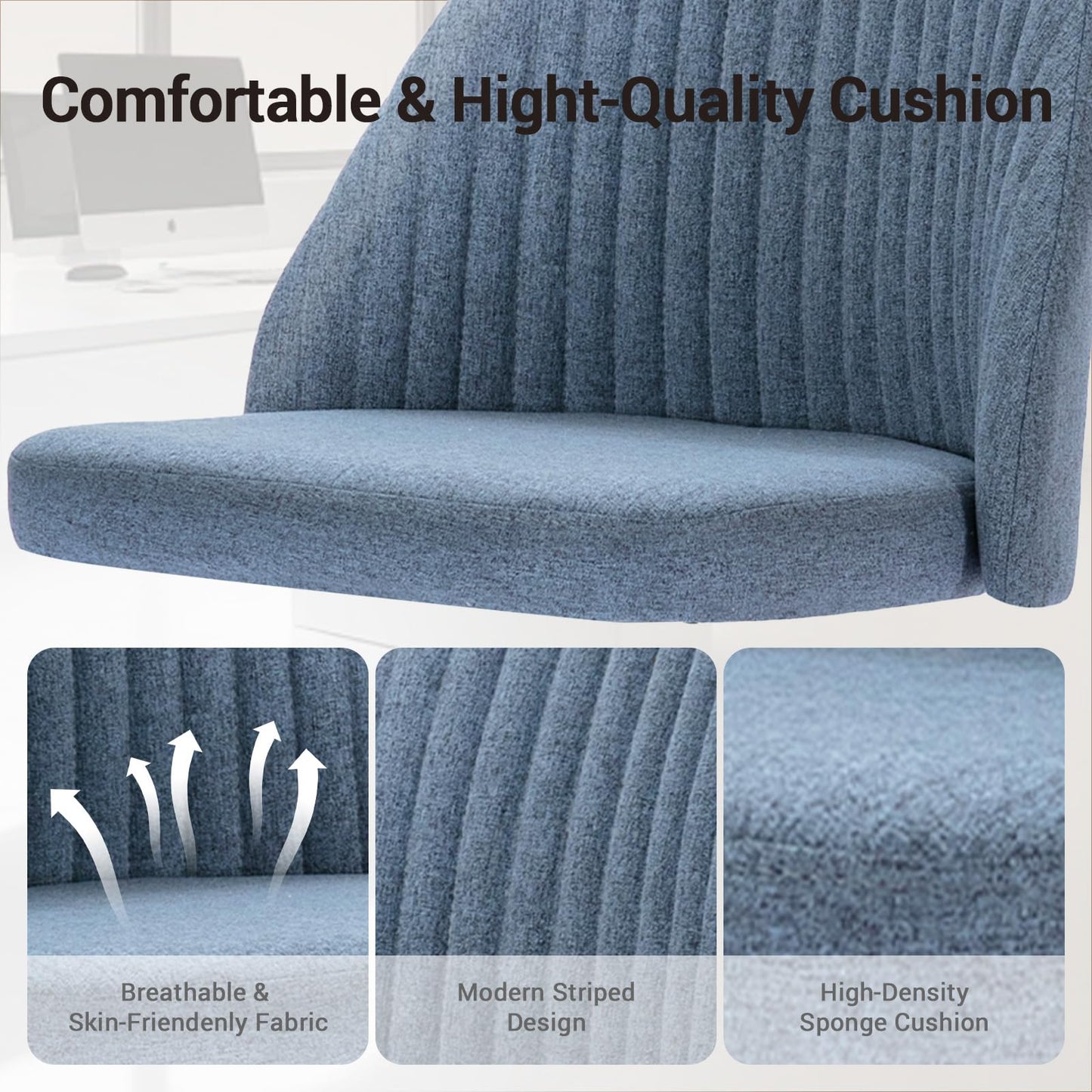 Simple Deluxe Office Desk Chair with Back and Wheels Computer Fabric Chair Armless Adjustable Height Comfy Vanity Chair with Swivel Rolling Home Chairs for Bedroom Adult