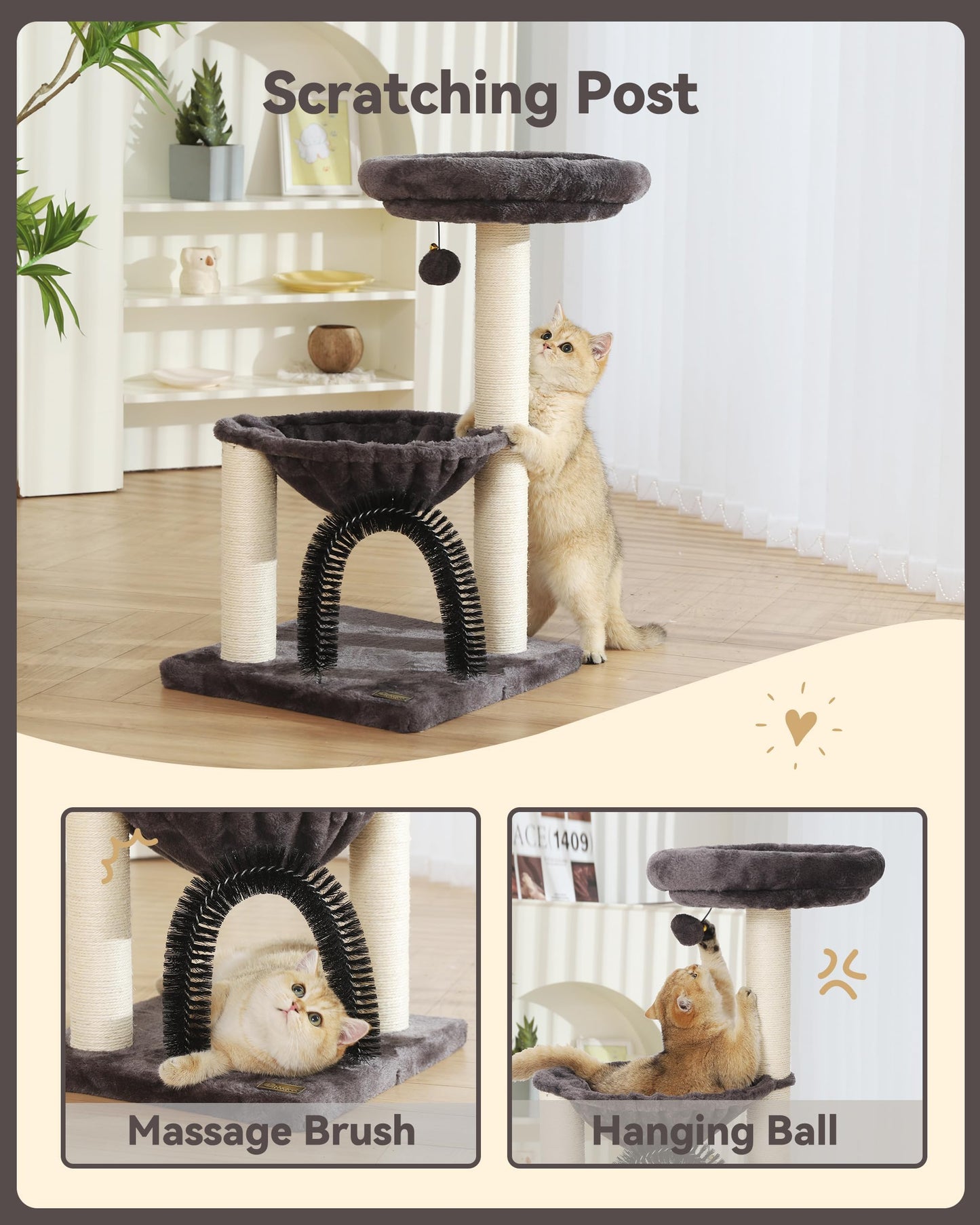 Cat Tree Tower for Indoor Cats,27.8 Inches Multi-Level Cat Tree with Scratching Posts Plush Basket & Perch for Play Rest, Cat Activity Tree with Dangling Ball for Kittens/Small Cats