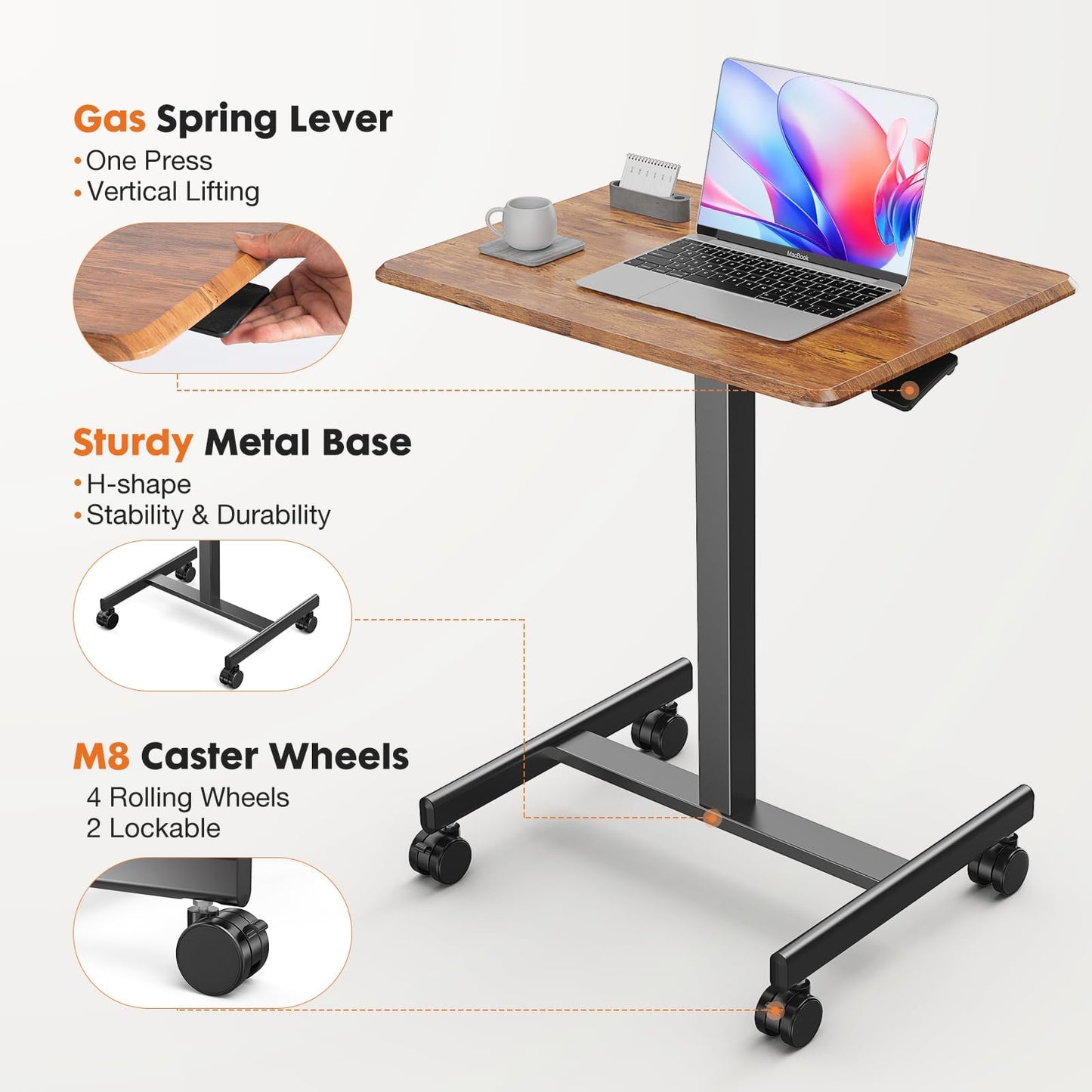 YSSOA Mobile Small Standing Desk - Rolling Desk with Adjustable Height and Lockable Wheels, Sit-Stand Laptop Table, Portable Computer Workstation