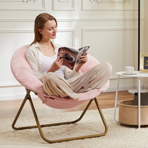 Simple Deluxe Cozy Chair, Faux Fur Saucer Chair for Bedroom, Comfy Foldable Moon Chair, Round Fluffy Chair for Living Room, Fuzzy Saucer Chairs for Adults Room, Gray