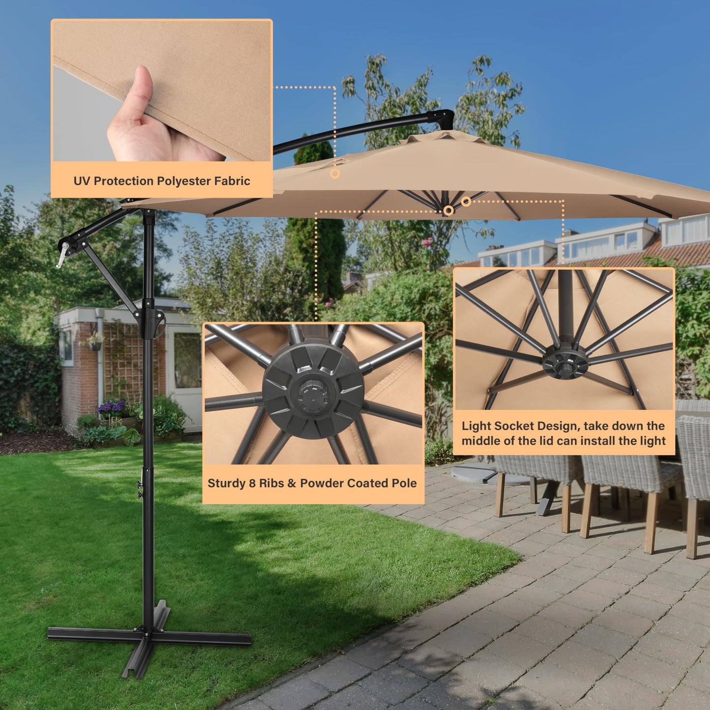 YSSOA 10ft Cantilever Patio Umbrella, Offset Hanging Outdoor Market Umbrellas with Cross Base and Crank for Garden, Lawn and Deck