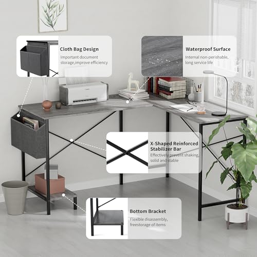 InfiniPower L Shaped Desk Gaming Computer 50 Inch Reversible Corner Table PC Work Table for Writing Study Student with Wood Tabletop Metal Frame CPU Stand Side Bag for Home Office Small Place