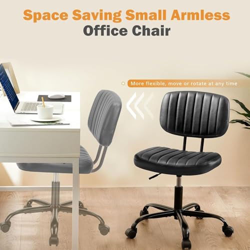 Small Office Chair, Armless Desk Chair with Wheels, Height Adjustable PU Leather Computer Task with Lumbar Support, 360° Swivel Rolling Chair No Arms for Small Space, Bedroom, Home, Office