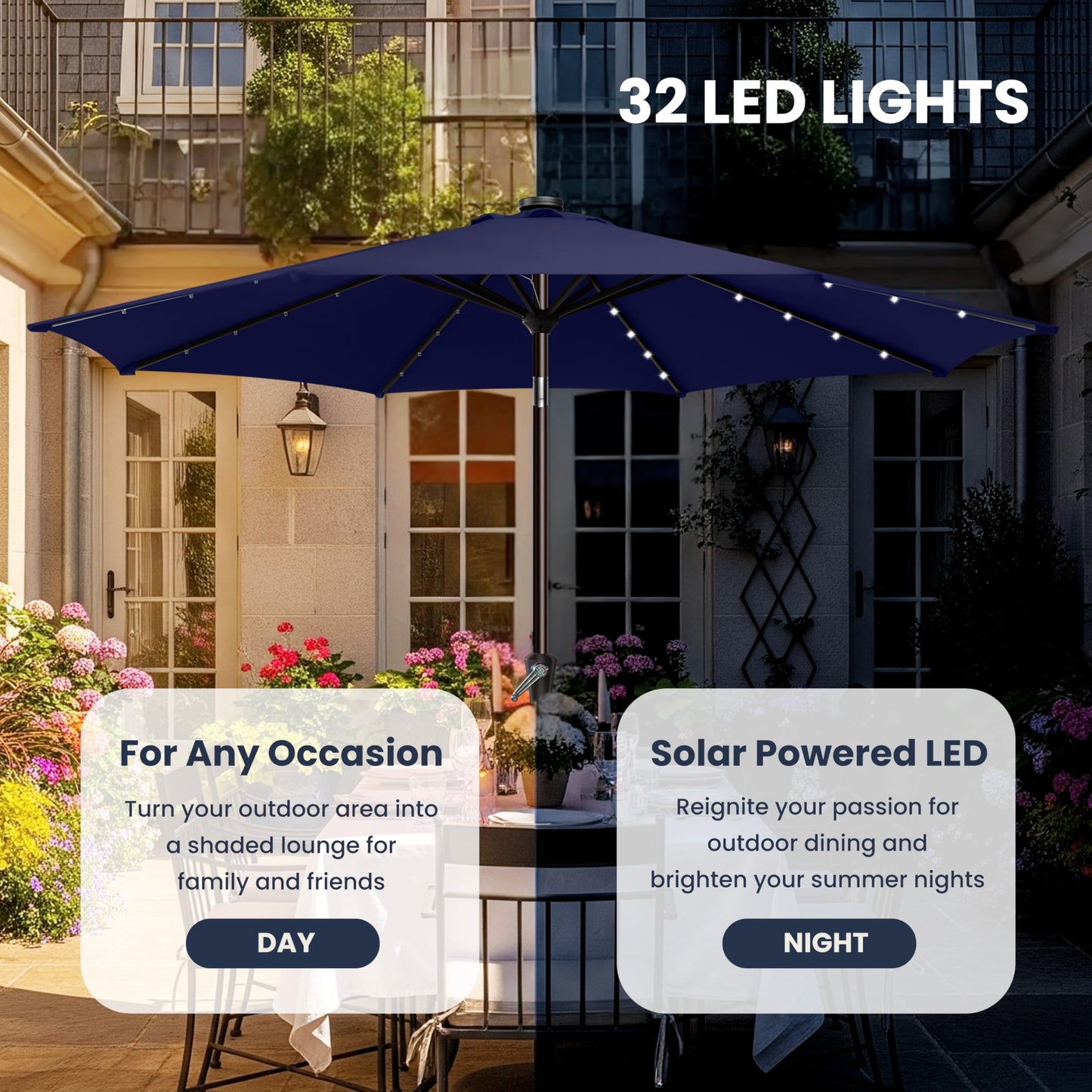 Simple Deluxe 9' Solar Patio Umbrella 32 LED Lighted Table Market Umbrellas with Push Button Tilt/Crank Outdoor Umbrella for Garden, Deck, Backyard and Pool