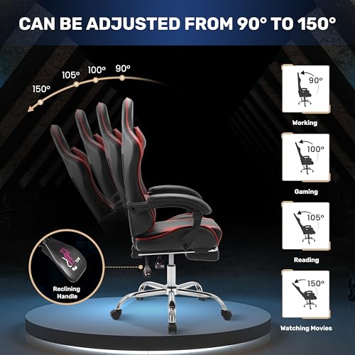 Simple Deluxe Video Gaming Chair with Footrest and Lumbar Support, Ergonomic PU Leather Computer Chair, 360° Swivel - Height Adjustable Game Chair for Office/Gaming(Black Red)
