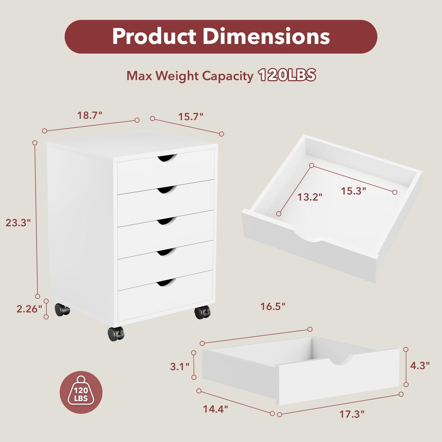 HealSmart 5 Drawer Chest, Storage Cabinet Dressers with Wheels, Dressers Storage Cabinets, Dresser Mobile Cabinet with Wheels, Drawers Wood Organization Furniture for Office, Home