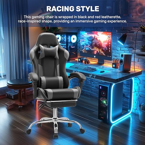 Simple Deluxe Video Gaming Chair with Footrest and Lumbar Support, Ergonomic PU Leather Computer Chair, 360° Swivel - Height Adjustable Game Chair for Office/Gaming(Black/Grey)