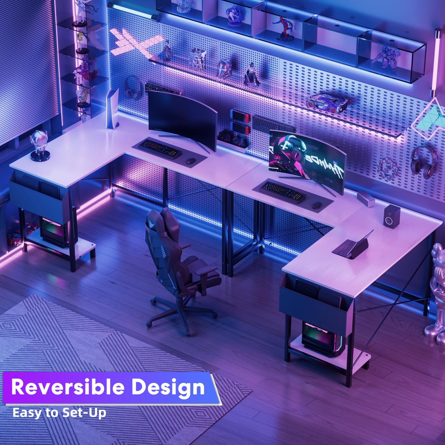 YSSOA 50" L Shaped Gaming Desk with Reversible Corner - Home Office Computer Desk with Wood Top, Metal Frame, CPU Stand & Storage Bag for Small Space, Gaming Room
