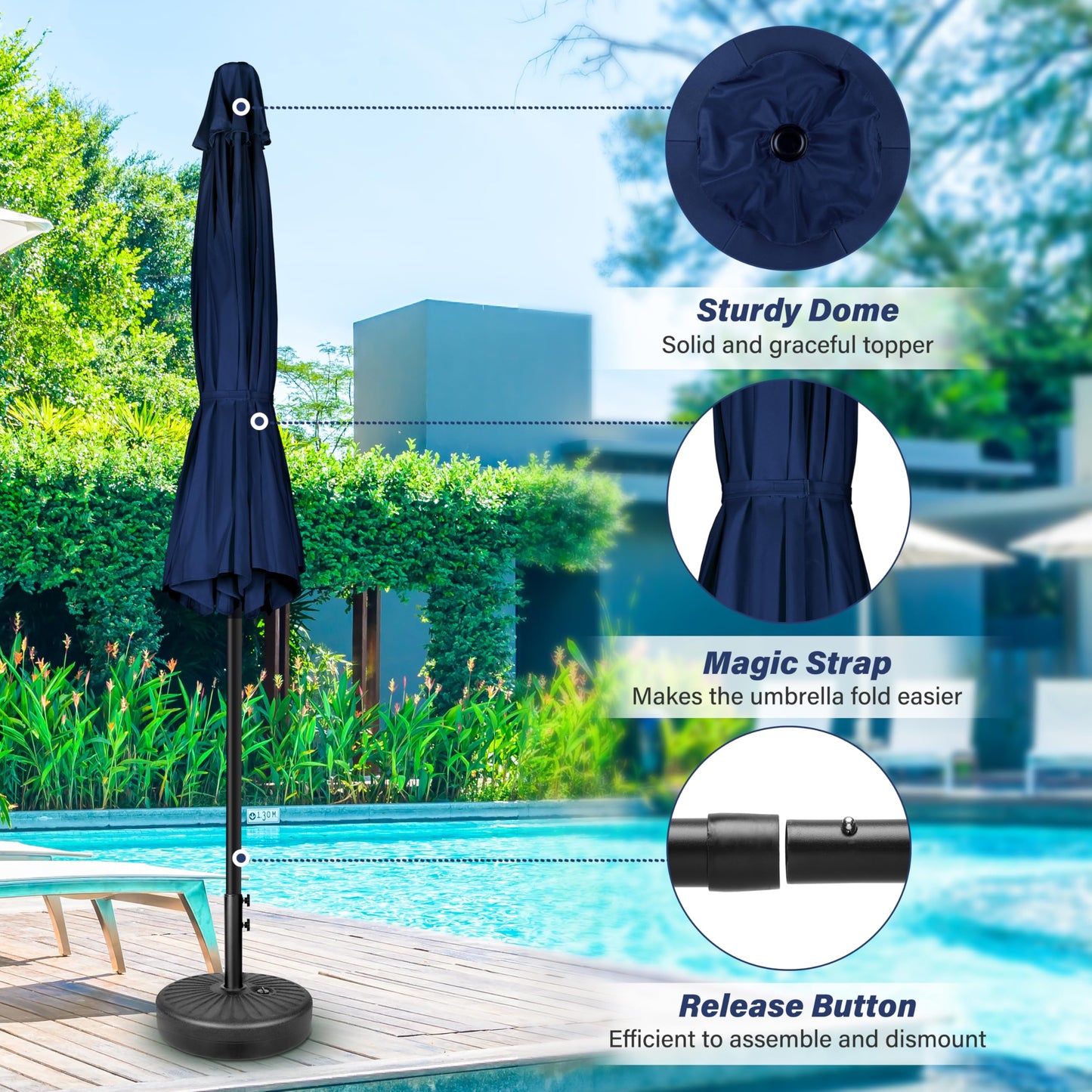 HealSmart 7.5ft Patio Umbrella with Push Button Tilt/Crank, Outdoor Table Market Yard Umbrella, 6 Sturdy Ribs for Garden, Deck, Backyard, Pool