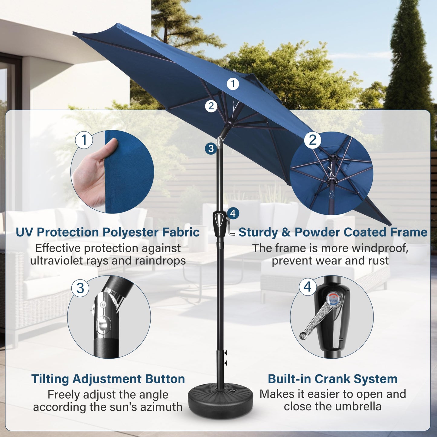 Simple Deluxe 9FT Outdoor Patio Umbrella Table Market Umbrella with Push Button Tilt and Crank, 8 Sturdy Ribs, UV Protection Waterproof for Garden, Lawn, Deck, Backyard, Pool