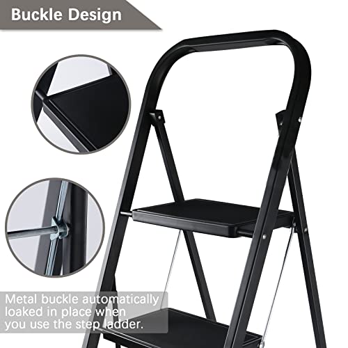 YSSOA 2 Step Ladder, Folding Step Stool with Wide Anti-Slip Pedal, 550 lbs Sturdy Steel Ladder, Convenient Handgrip, Lightweight, Portable Steel Step Stool, Black