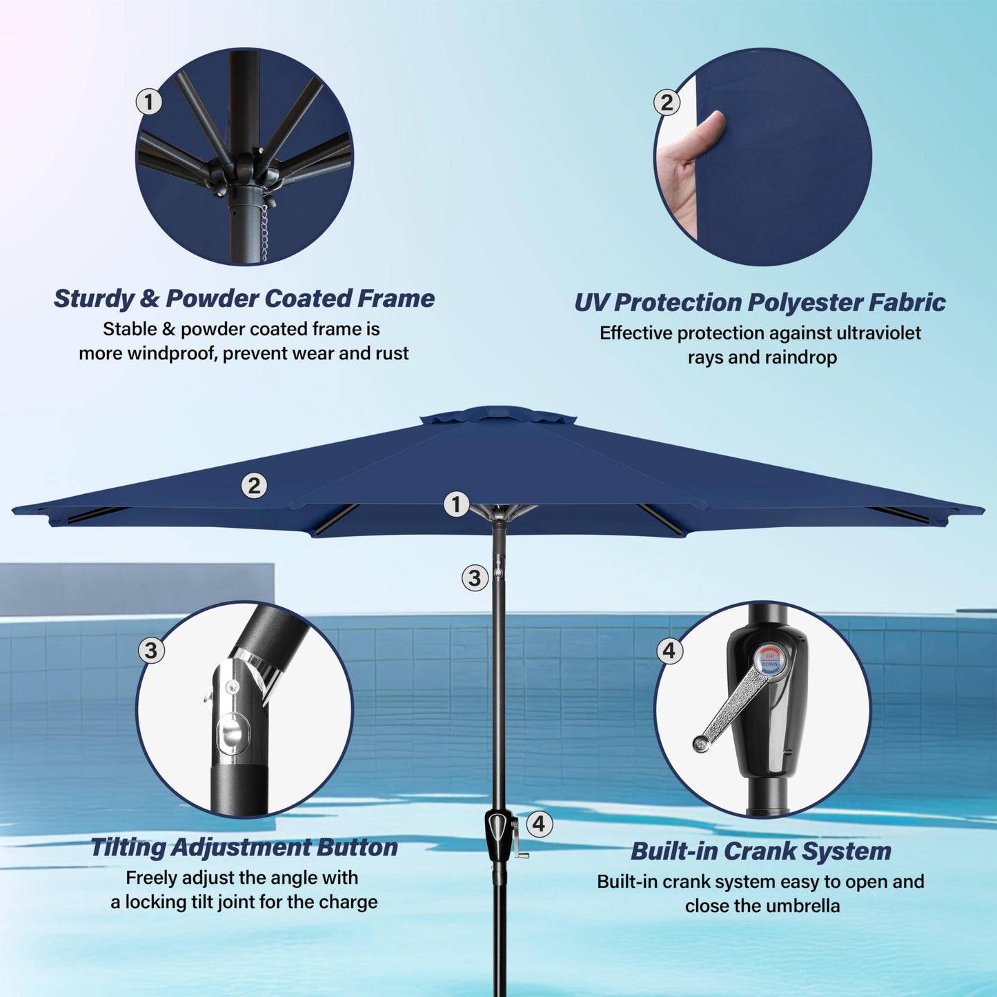 YSSOA 9ft/10ft Outdoor Market Patio Umbrella with 8 Sturdy Ribs, Tilt/Crank Push Button for Garden, Deck, Backyard and Pool