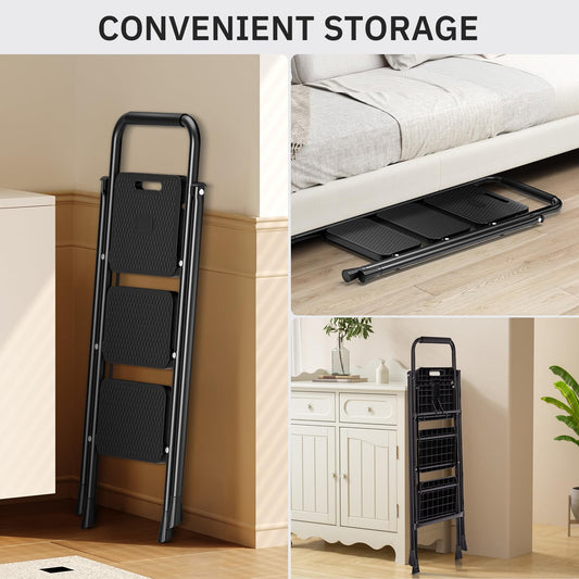 Simple Deluxe 3 Step Ladder, Step Stool Foldable, 800lbs Portable Ladder with Wide Anti-Slip Pedal, Step Stool for Adults, Lightweight Step Ladder for Home Kitchen and Outdoor
