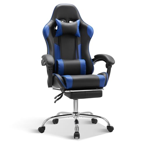 Simple Deluxe Video Gaming Chair with Footrest and Lumbar Support, Ergonomic PU Leather Computer Chair, 360° Swivel - Height Adjustable Game Chair for Office/Gaming(Black Blue)