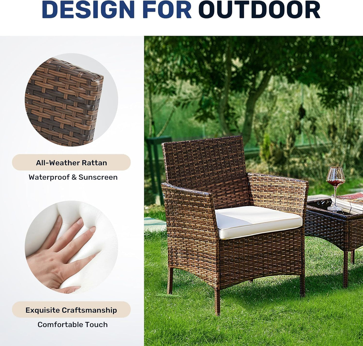 Simple Deluxe Patio Furniture Set 3 Pieces Outdoor Rattan Wicker Chairs with Soft Cushion and Glass Coffee Table