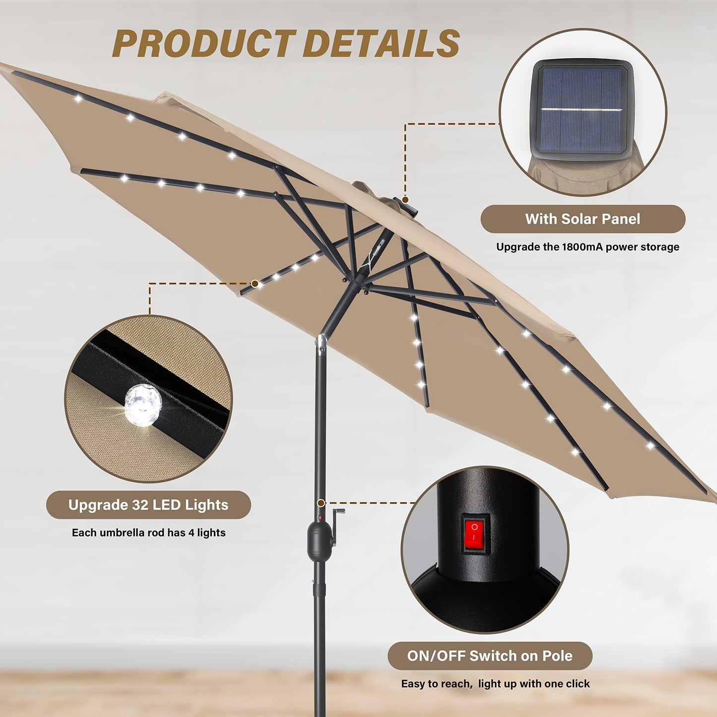 Simple Deluxe 9' Solar Umbrella 32 LED Lighted Patio Umbrella Table Market Umbrella for Garden, Deck, Backyard and Pool