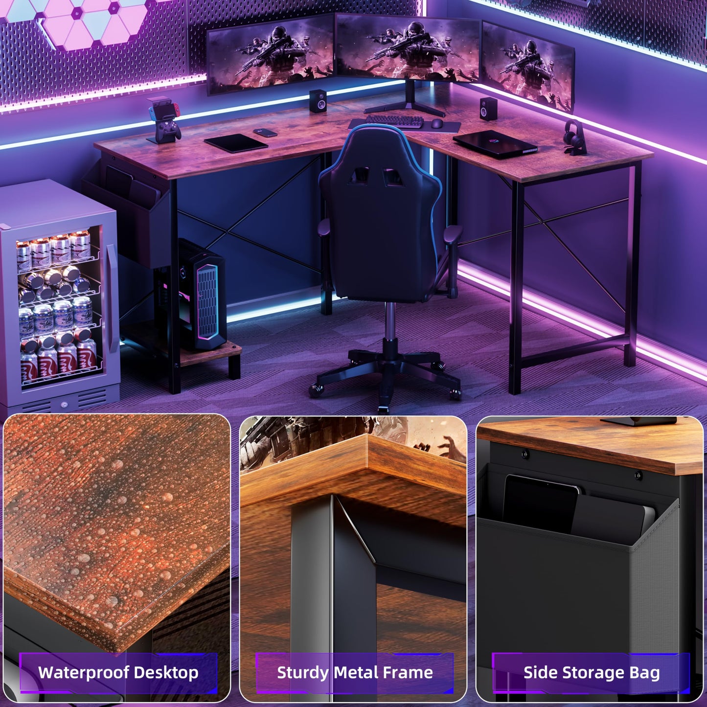 YSSOA 50" L Shaped Gaming Desk with Reversible Corner - Home Office Computer Desk with Wood Top, Metal Frame, CPU Stand & Storage Bag for Small Space, Gaming Room