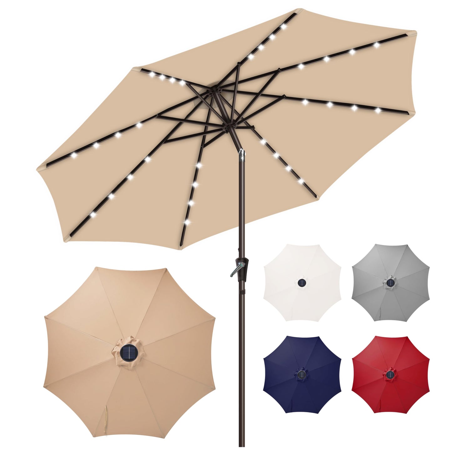 Simple Deluxe 9' Solar Patio Umbrella 32 LED Lighted Table Market Umbrellas with Push Button Tilt/Crank Outdoor Umbrella for Garden, Deck, Backyard and Pool