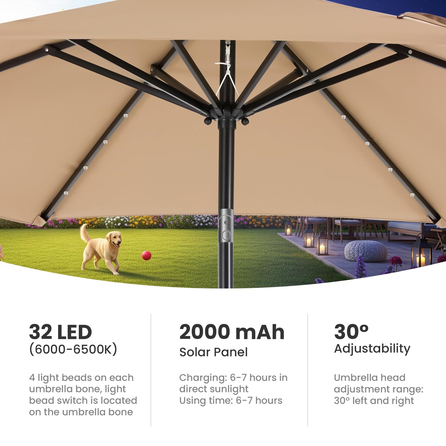 Simple Deluxe 10' Solar Patio Umbrella 32 LED Lighted Table Market Umbrellas with Push Button Tilt/Crank Outdoor Umbrella for Garden, Deck, Backyard and Pool