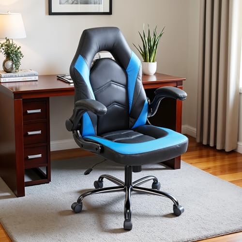 Simple Deluxe Gaming Chair - Ergonomic PU Leather with 90° Flip-Up Arms, 360° Swivel Computer Desk Chair for Compact Spaces, Esports, Home Office(Black Blue)