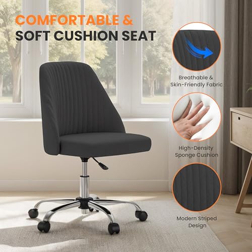 YSSOA Vanity Chair with Wheels Office Chair Desk Chair with Back and Wheels Fabric Adjustable Height Armless with Swivel Rolling Dark Grey