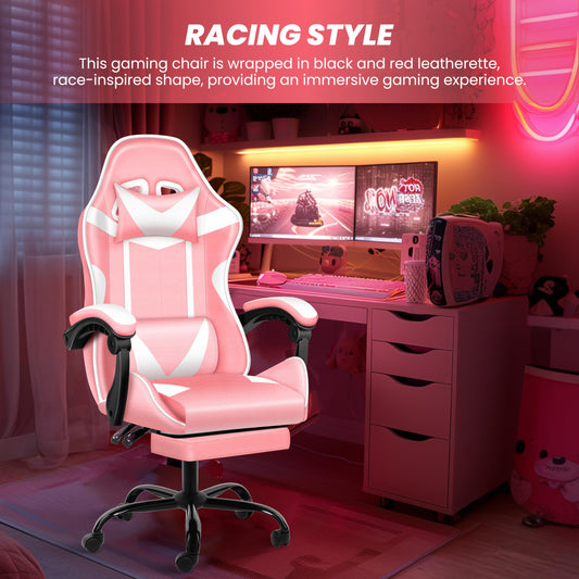 Gaming Chair with Footrest, Height Adjustable & 90°-135° Tilt Function, Swivel Recliner Ergonomic Racing Style Video Game Chair with Lumbar Support (1-Pink/White with Footrest)
