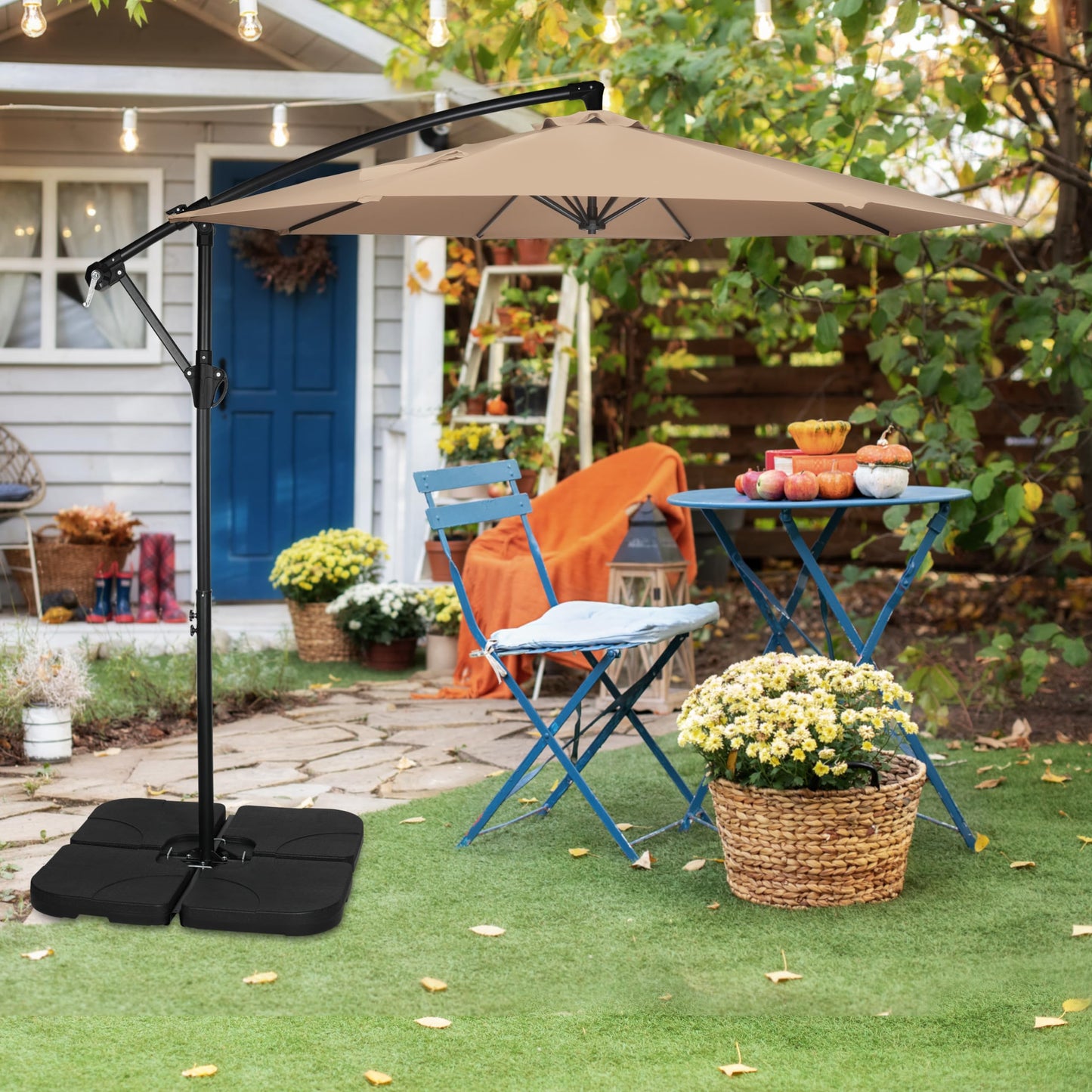YSSOA 10ft Cantilever Patio Umbrella, Offset Hanging Outdoor Market Umbrellas with Cross Base and Crank for Garden, Lawn and Deck