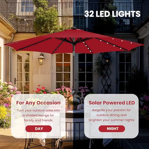 Simple Deluxe 9' Solar Patio Umbrella 32 LED Lighted Table Market Umbrellas with Push Button Tilt/Crank Outdoor Umbrella for Garden, Deck, Backyard and Pool