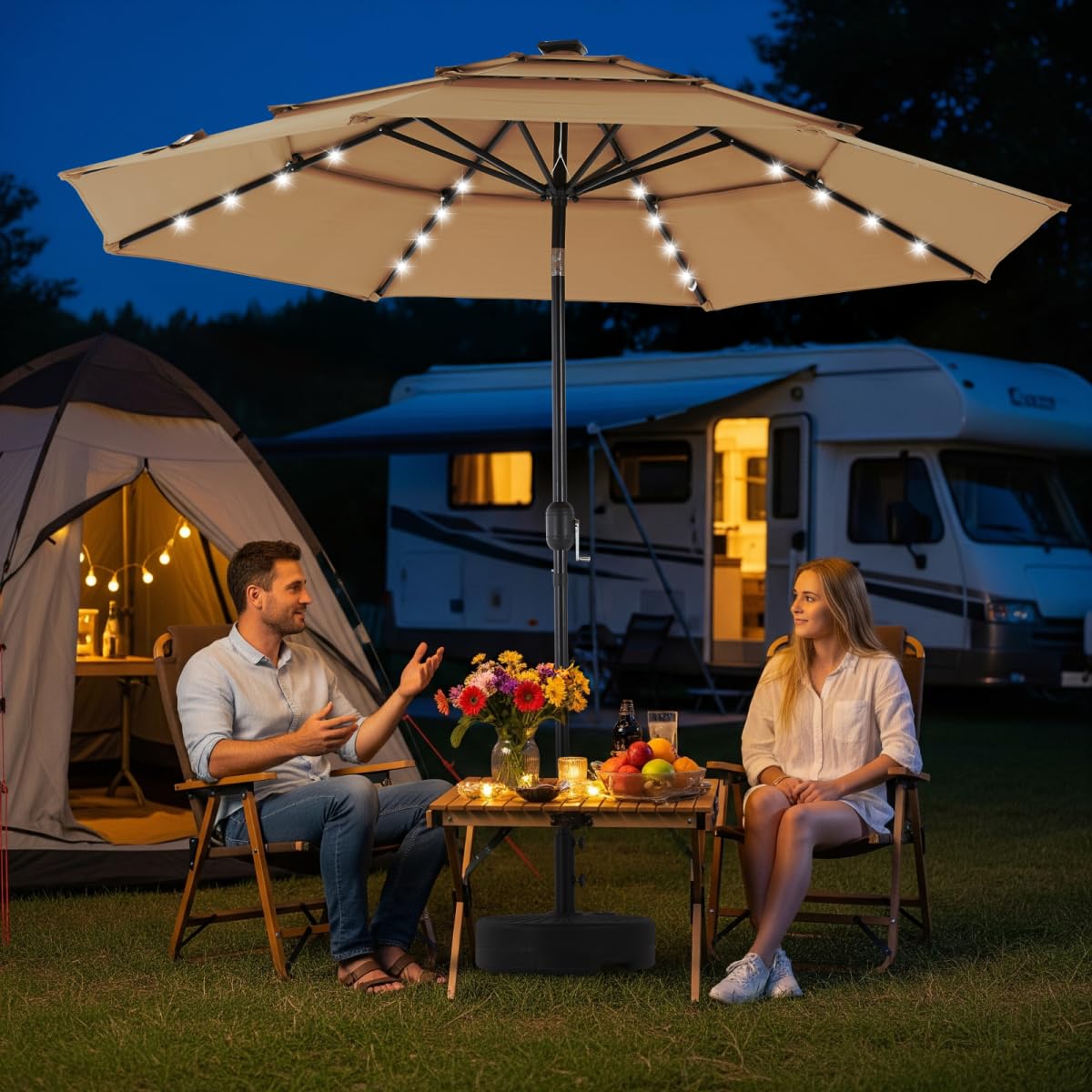 Simple Deluxe 10' 3-Tiers Solar Patio Umbrella 32 LED Lighted Table Market Umbrellas with Push Button Tilt/Crank Outdoor Umbrella for Garden, Deck, Backyard and Pool