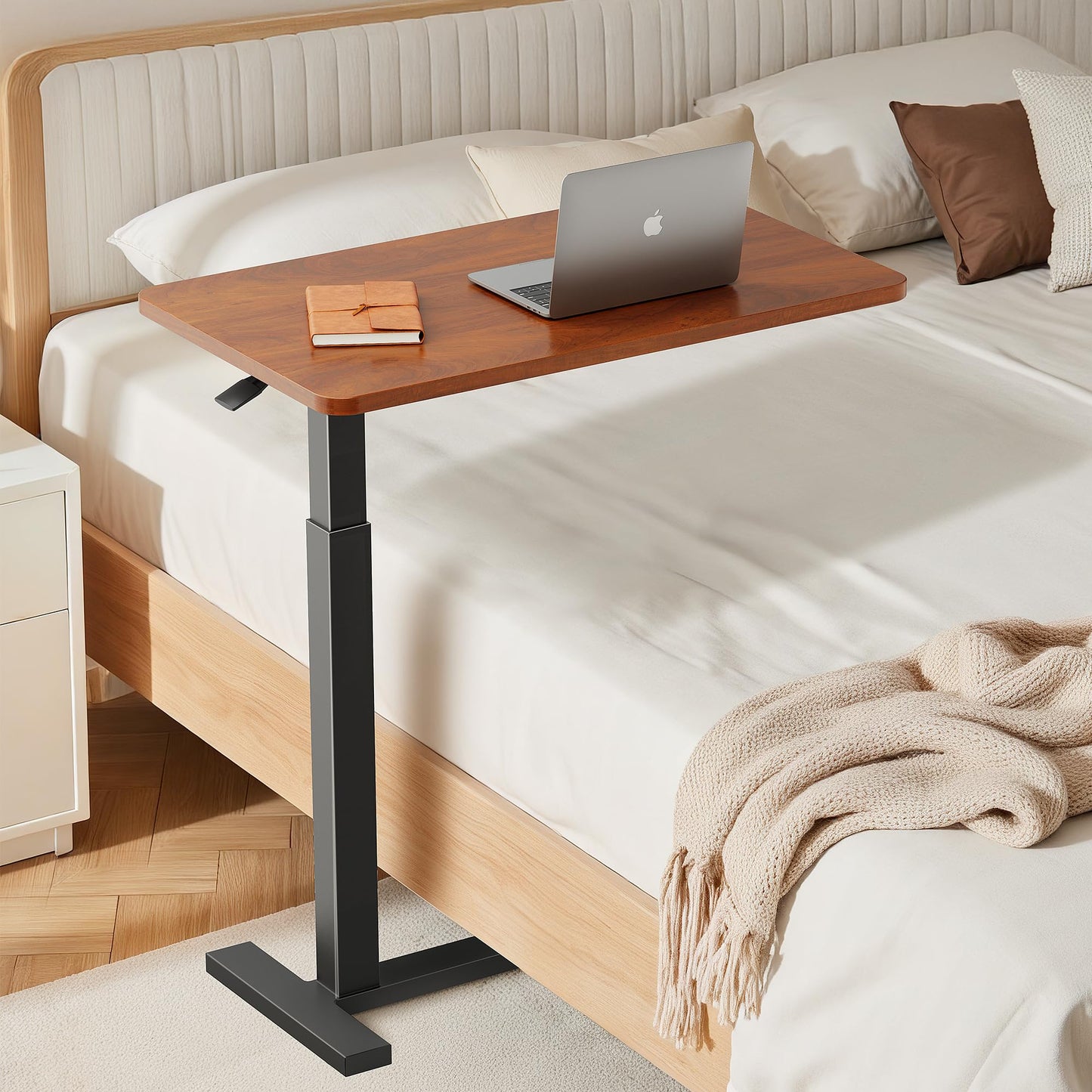 Simple Deluxe Adjustable Overbed Bedside Table with Wheels, Rolling Laptop Table, Pneumatic Adjustable Hospital & Home Use Bed Table, Mobile Standing Desk, Brown