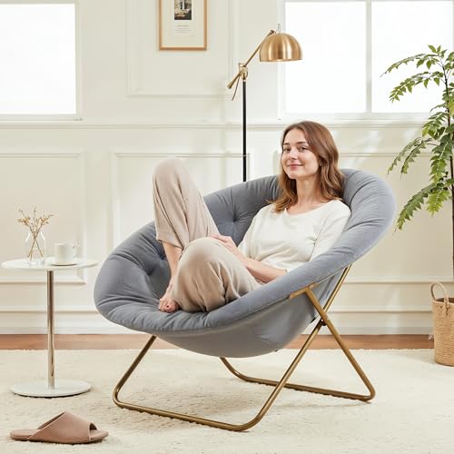 Saucer Chair Comfy Faux Fur, Folding Moon Chair with Metal Frame, Cozy Round Chair, Lounge Lazy Chair for Living Room Bedroom Adults Kids Teens