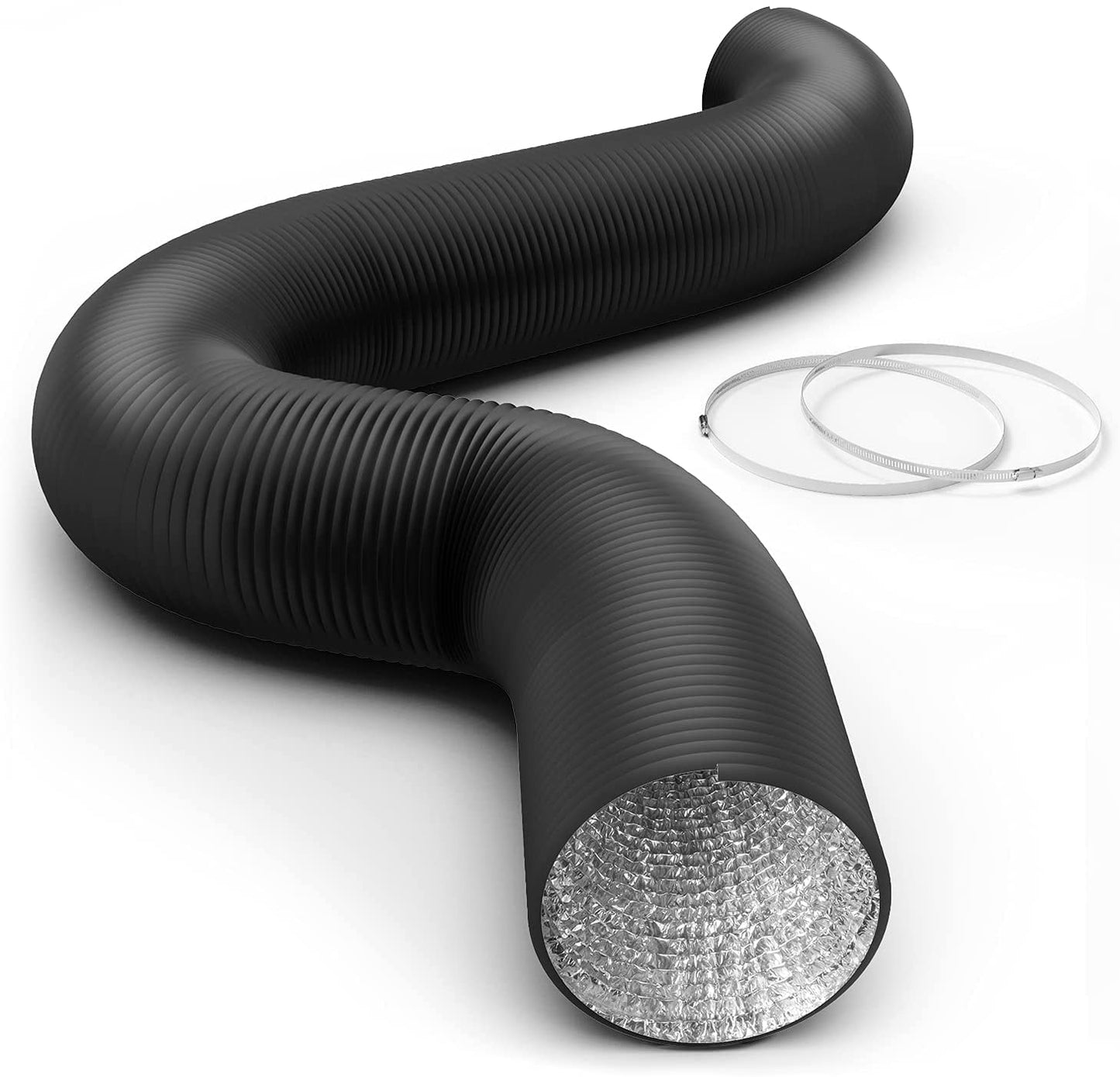 iPower Flexible 6 Inch 8 Feet Aluminum Ducting 4 Layer Protection Dryer Vent Hose for HVAC Heating Cooling Exhaust and Ventilation, 2 Clamps Included, Black