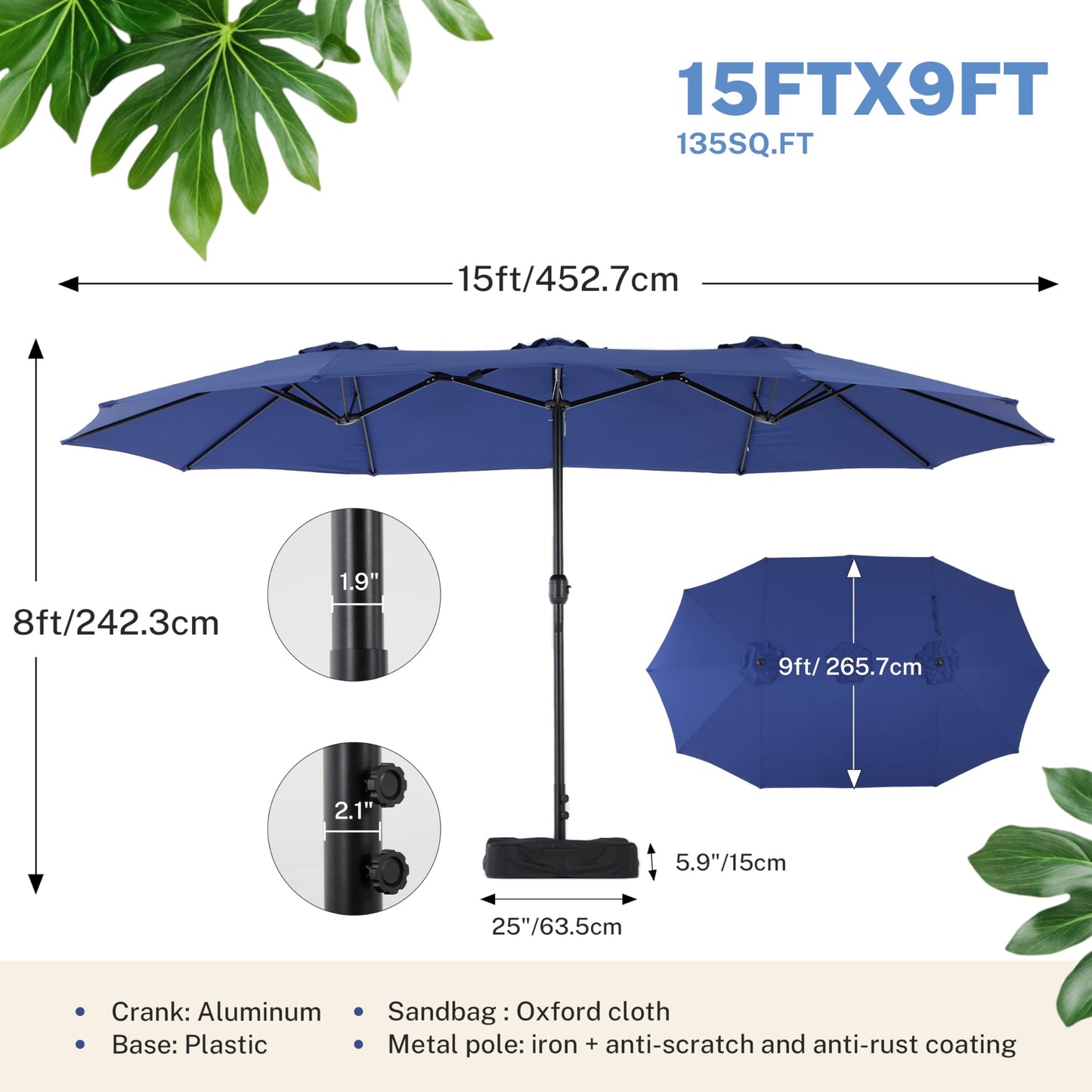 Simple Deluxe 15ft Outdoor Patio Umbrellas with Base Included, Double-Sided Rectangle Large Table Umbrella with Stand, Market Umbrellas for Poolside Backyard Lawn