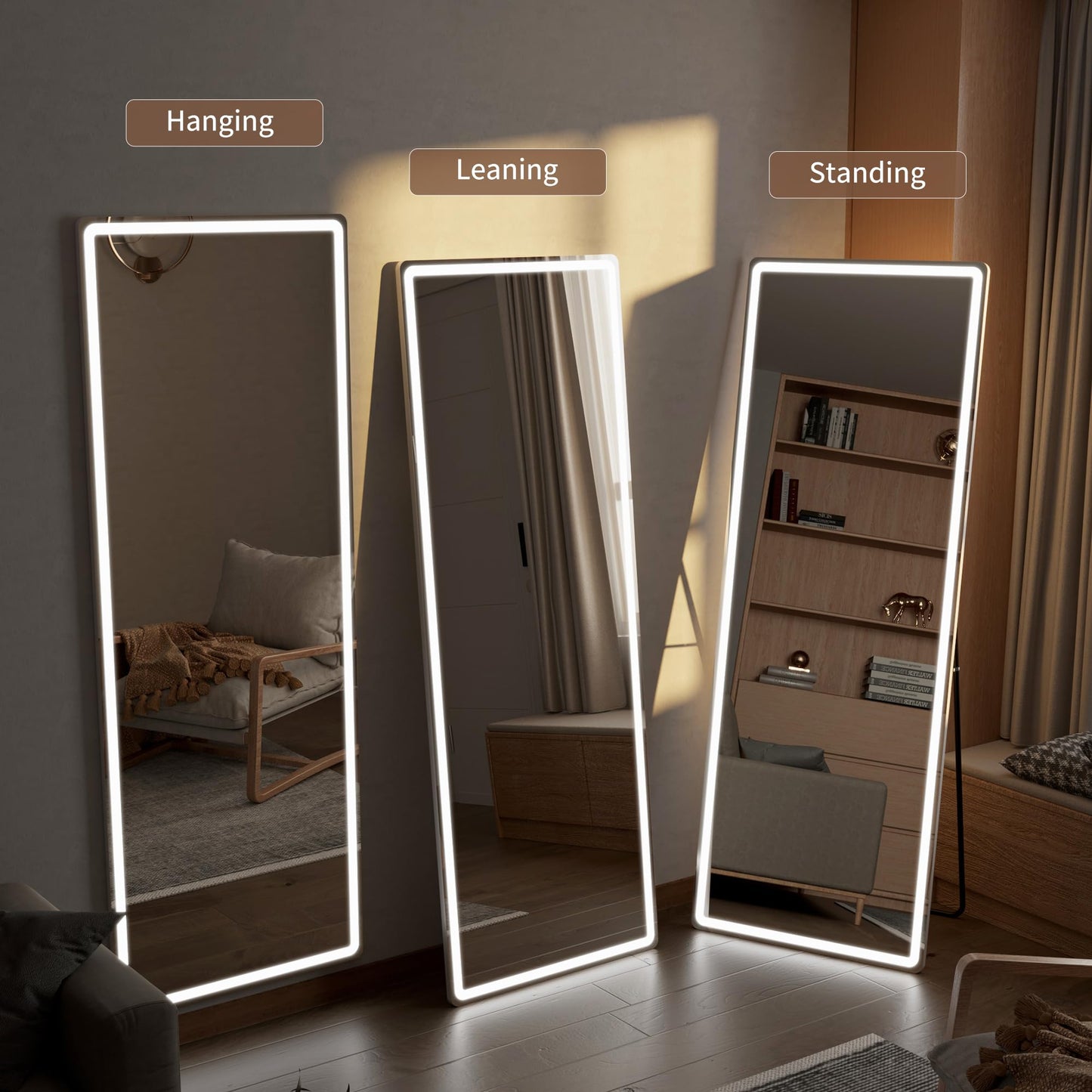 Full Length Mirror with LED Lights, Floor Mirror with Dimming & 3 Color Lighting, Free Standing Floor Mirrors