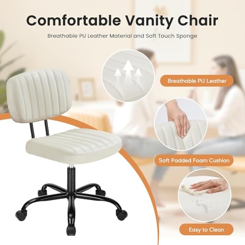 HealSmart Small Office Desk Chair with Wheels, Armless Desk Chair with Lumbar Support, PU Leather Low Back Adjustable Height 360° Rolling Swivel Task Chair Without Arm for Home, Bedroom,Office