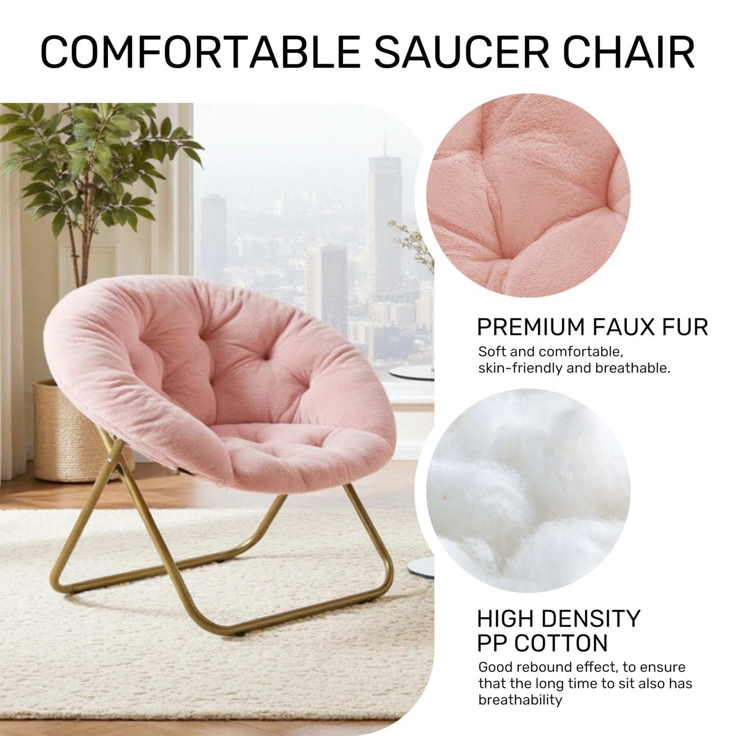 YSSOA Saucer Chair, Comfy Faux Fur Chair for Bedroom, Saucer Chairs for Adults, Teens, Round Shaped Moon Chair with Foldable Metal Frame