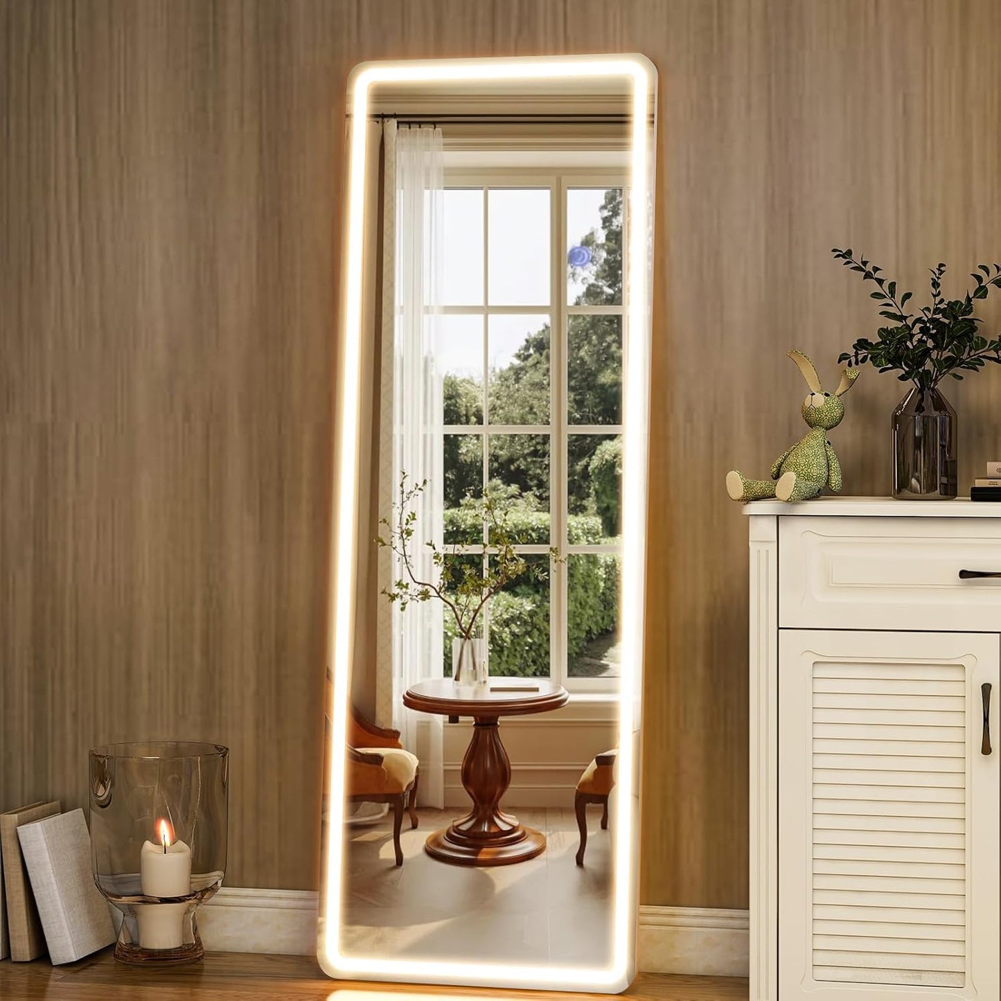 Simple Deluxe Floor Mirror with Dimming & 3 Color Lighting, Free Standing Floor Mirror, Lighted Full Body Mirror for Bedroom, Dressing Room, Cloakroom