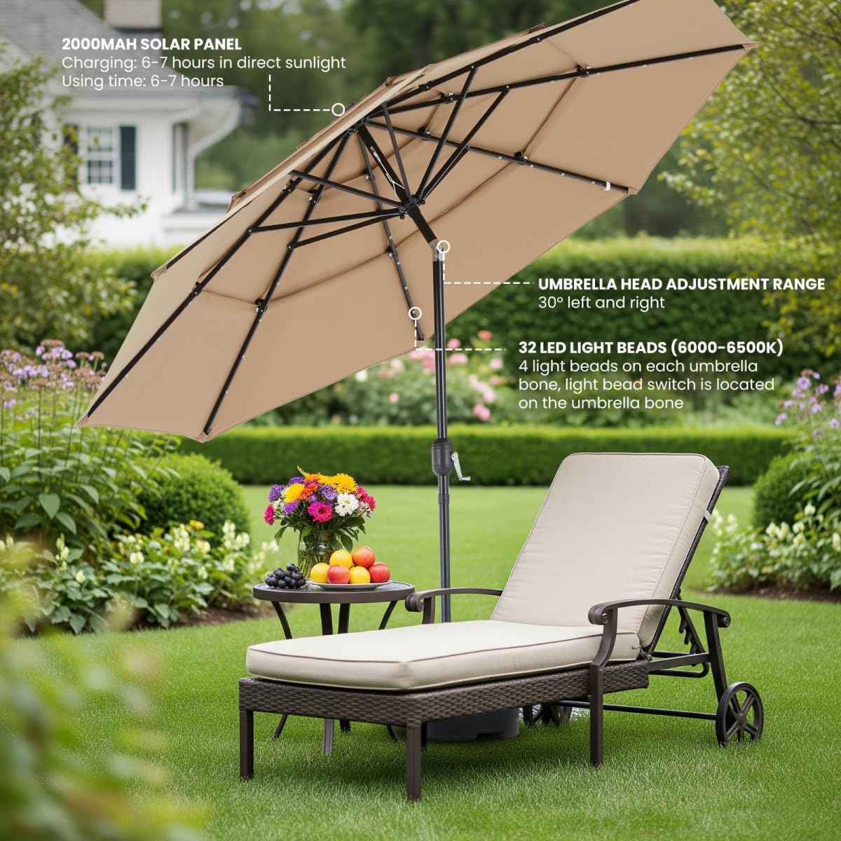 Simple Deluxe 10' 3-Tiers Solar Patio Umbrella 32 LED Lighted Table Market Umbrellas with Push Button Tilt/Crank Outdoor Umbrella for Garden, Deck, Backyard and Pool