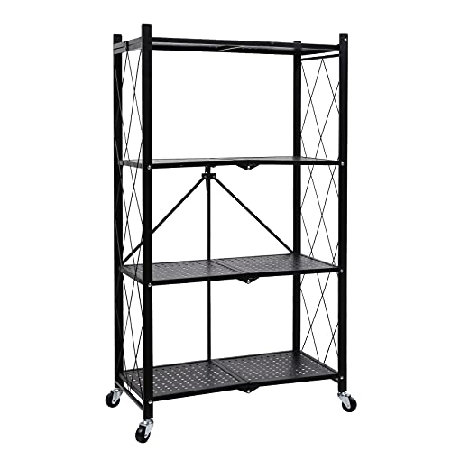 YSSOA 4-Tier Heavy Duty Foldable Metal Rack Storage Shelving Unit with Wheels Moving Easily Organizer Shelves Great for Garage Kitchen, Black
