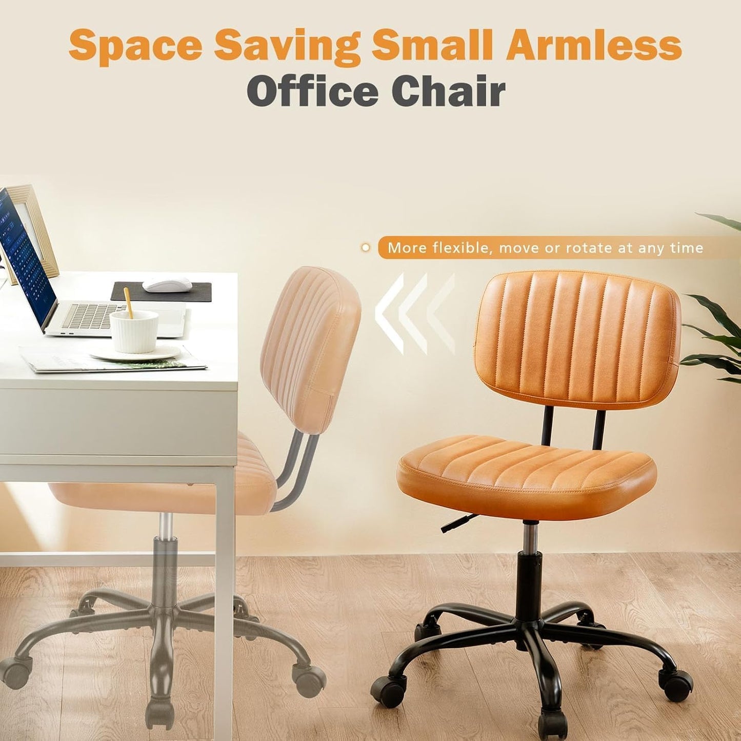 YSSOA Small Desk Chair with Wheels, Armless Office Chair No Arms, Comfy PU Leather Computer Task Chair Swivel Rolling Chairs for Small Space, Home, Adults, Students, Black