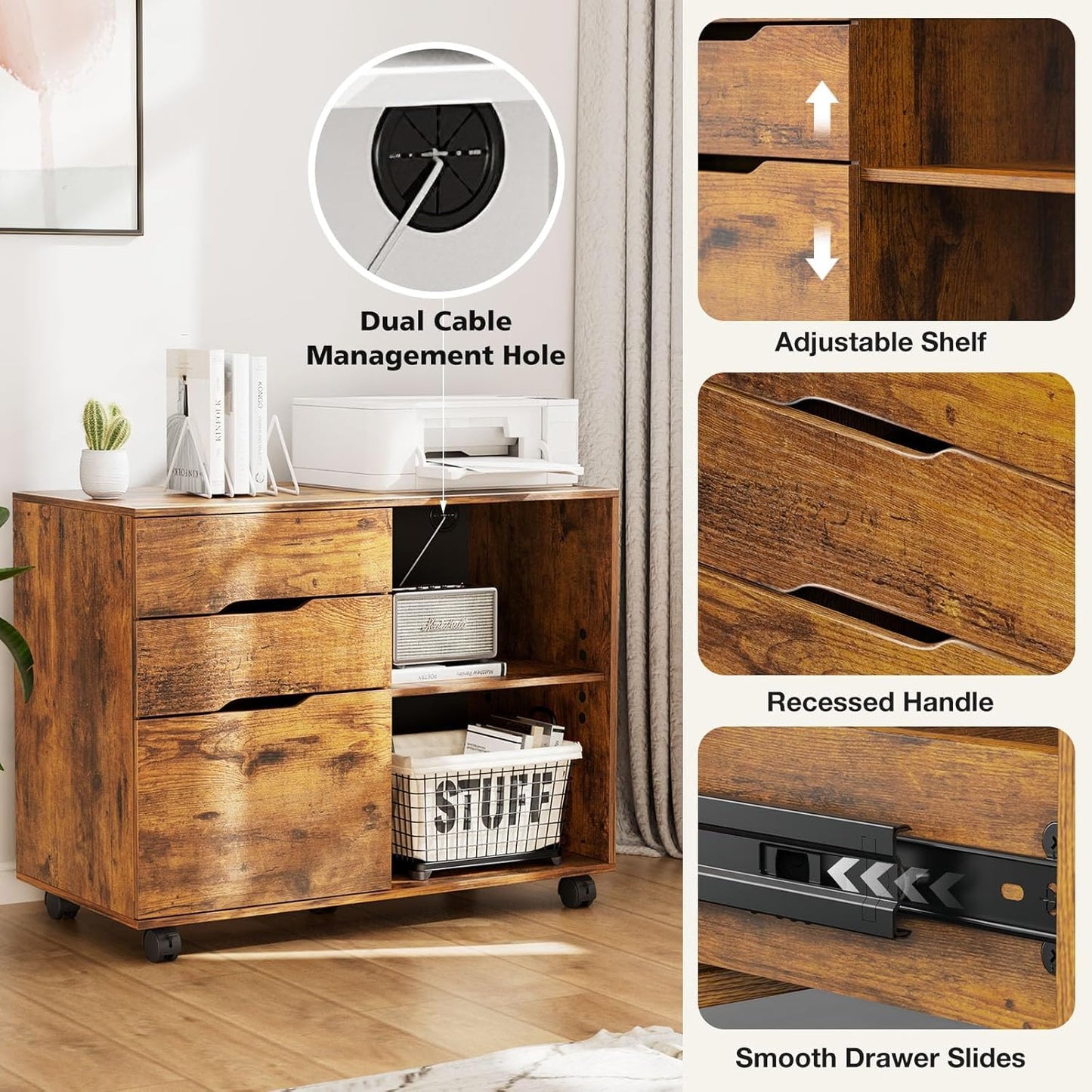 Simple Deluxe 3-Drawer File Cabinet, Lateral Mobile Filing Cabinet Wood Storage Organizer with Wheels