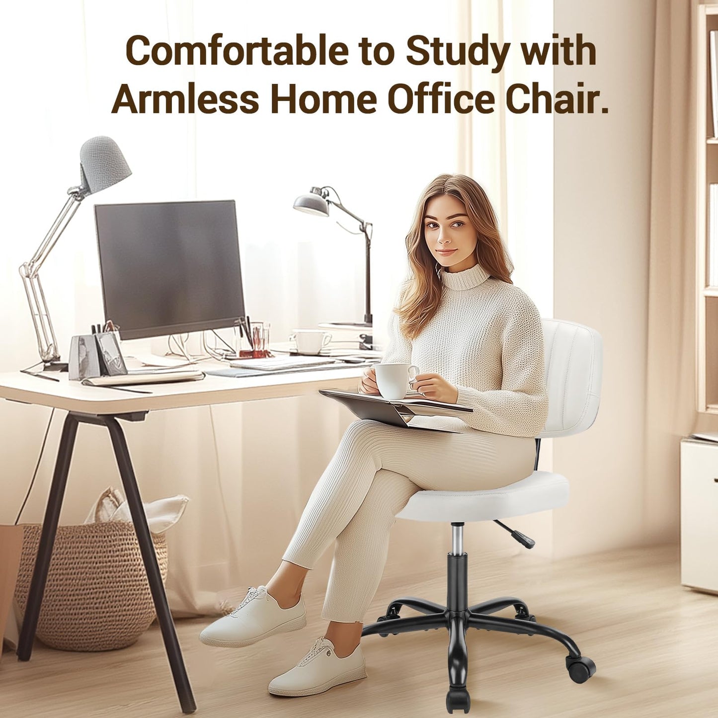 YSSOA Home Office Chair Desk Chair with Low Back and Wheels PU Leather Computer Chair Ergonomic Adjustable Height Comfy Chair Armless with Swivel Rolling Vanity Chairs for Bedroom Adult White