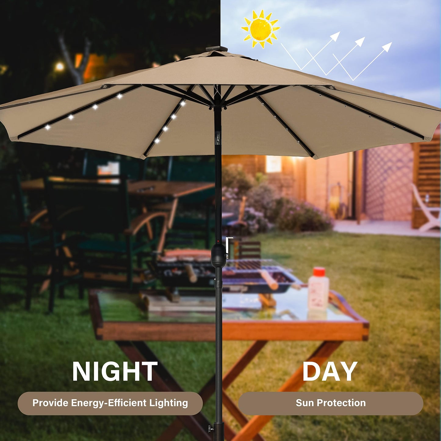 Simple Deluxe 9' Solar Umbrella 32 LED Lighted Patio Umbrella Table Market Umbrella for Garden, Deck, Backyard and Pool