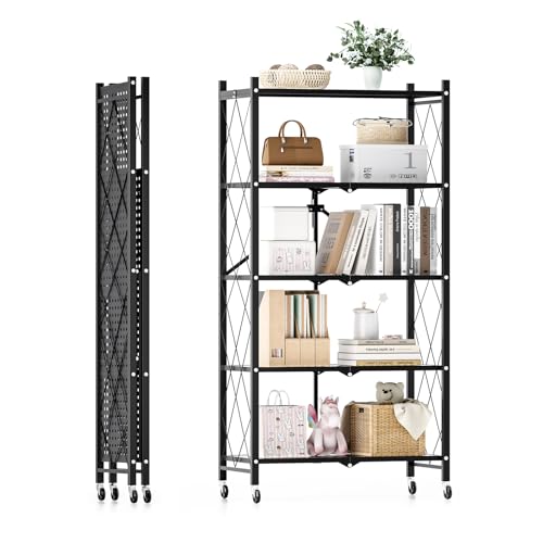 3-Tier Heavy Duty Foldable Metal Rack Storage Shelving Unit with Wheels Moving Easily Organizer Shelves Great for Garage Kitchen Holds up to 750 lbs Capacity, Black