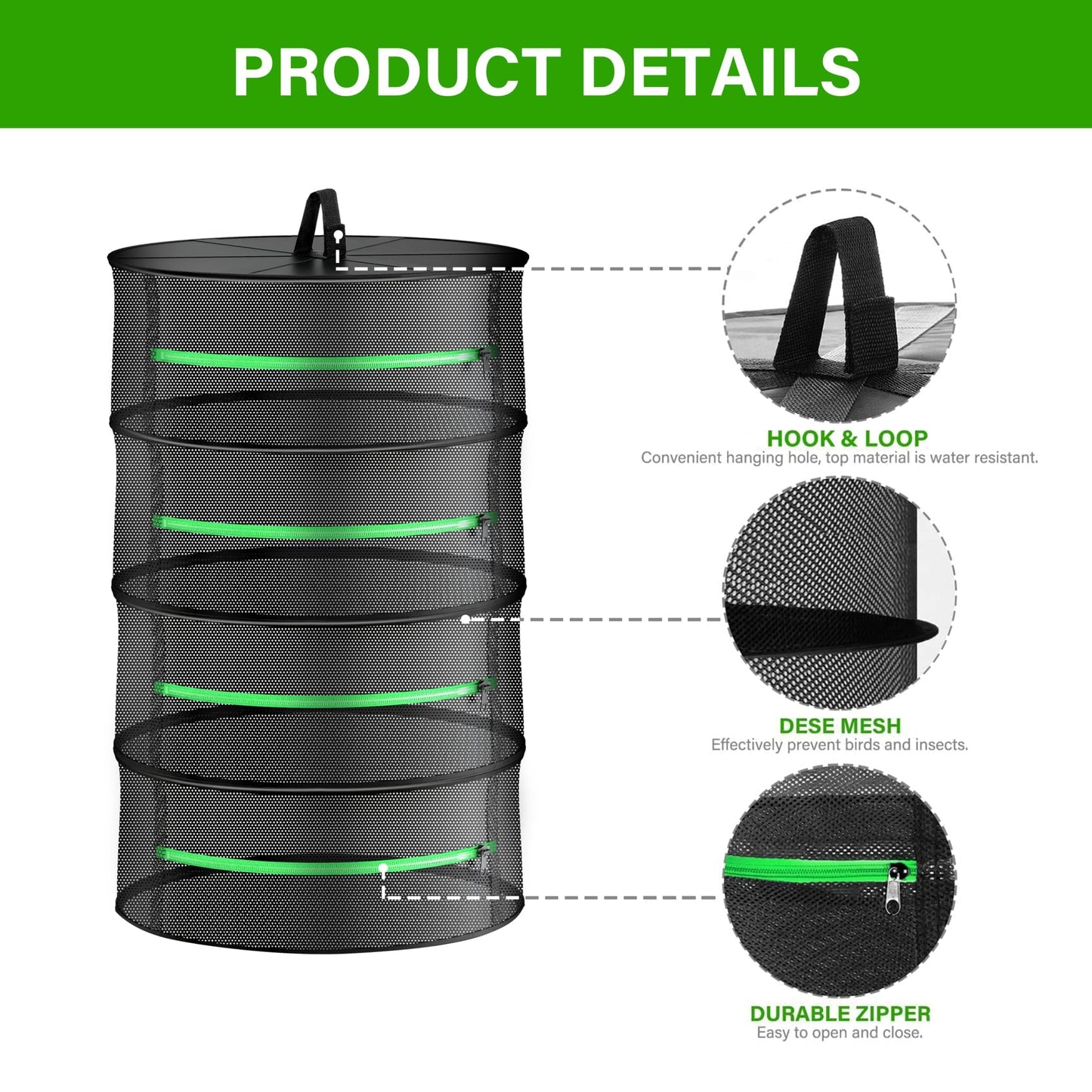 YSSOA 4 Layer 24'' Herb Drying Rack, Hanging Dry Mesh Folding Basket Dryer with Detachable Design & Hook for Plants, Herbs, Seeds and Buds in Grow Tent, Closet, Hydroponics, Garden Outdoor