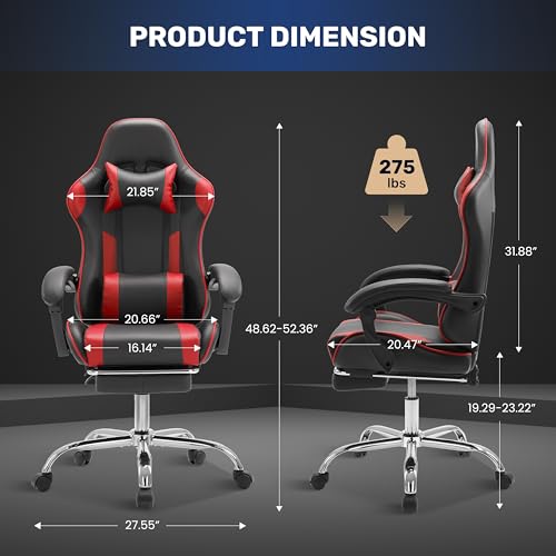 Simple Deluxe Video Gaming Chair with Footrest and Lumbar Support, Ergonomic PU Leather Computer Chair, 360° Swivel - Height Adjustable Game Chair for Office/Gaming(Black Red)