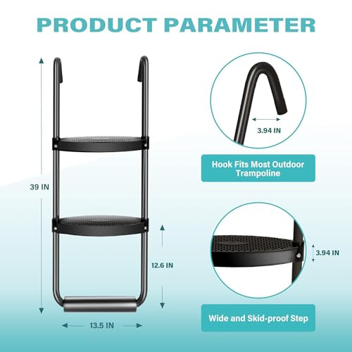 Simple Deluxe Trampoline Ladder with Wide Steps Skid-Proof 2-Steps Simple Deluxe 12FT 14FT Trampoline Stairs for Kids Universal Hook UV Treated Steel 220 lbs Capacity Trampoline Parts, Black