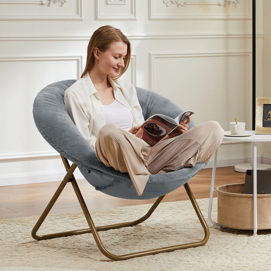 Simple Deluxe Cozy Chair, Faux Fur Saucer Chair for Bedroom, Comfy Foldable Moon Chair, Round Fluffy Chair for Living Room, Fuzzy Saucer Chairs for Adults Room, Gray